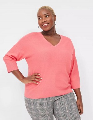 Women Lane Bryant 3/4-Sleeve V-Neck Sweaters Coral | RIK3776CH