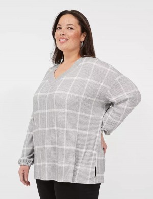 Women Lane Bryant Blouson-Sleeve V-Neck Waffle Tunic T Shirts Grey | XWR665AP