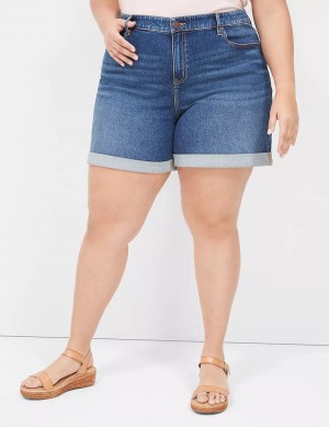 Women Lane Bryant Boyfriend Fit Midi Jean Shorts Dark Blue | NNL4225SP