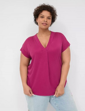 Women Lane Bryant Cap-Sleeve V-Neck Pleat-Front Top T Shirts Purple | HNU6758AX