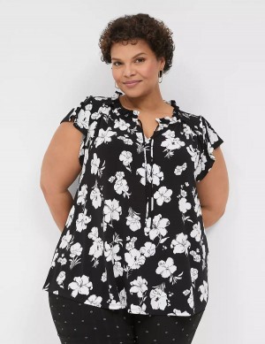 Women Lane Bryant Cap Flutter-Sleeve Top T Shirts Black White | IDD9995LN