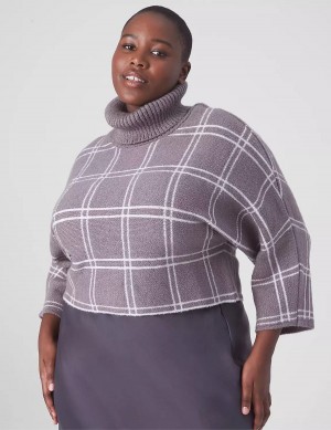 Women Lane Bryant Classic 3/4-Sleeve Mock-Neck Jacquard Crop Sweaters Grey | WMU4575IJ