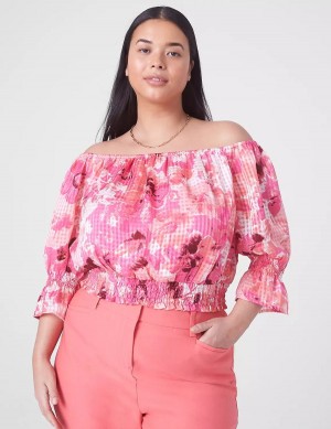 Women Lane Bryant Classic Crop Off-The-Shoulder Chiffon Top Tank Top Pink | WEK993VI