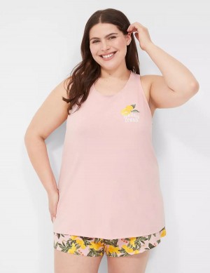 Women Lane Bryant Comfy Cotton Racerback Tank & Short PJ Set Pajamas Pink Multicolor | TPG1540AM