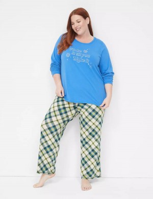 Women Lane Bryant Comfy Cotton Shirt & Pant PJ Set Pajamas Blue Multicolor | VXJ6496QD