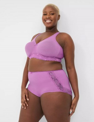 Women Lane Bryant Cotton No-Wire with Lace Unlined Bra Purple | UVT1998YP