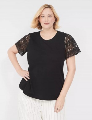 Women Lane Bryant Crochet-Sleeve Crew-Neck Tee T Shirts Black | RUN6723PO