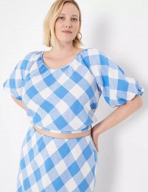 Women Lane Bryant Crop Balloon-Sleeve Top T Shirts Blue White | KDO226XB