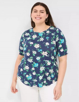 Women Lane Bryant Curved-Hem Perfect Sleeve Tee T Shirts Navy | XDQ7149MJ