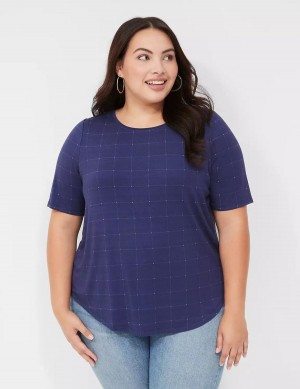 Women Lane Bryant Curved-Hem Perfect Sleeve Tee T Shirts Dark Blue | XEG7533XA