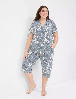 Women Lane Bryant DreamyCool Short-Sleeve Shirt & Crop Pant PJ Set Pajamas Blue Multicolor | LCM4266LH