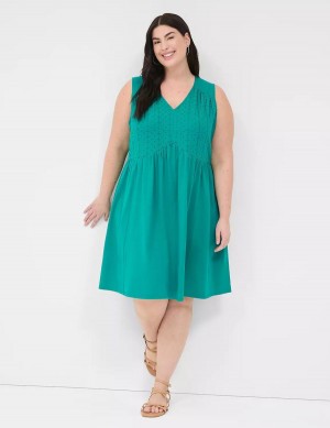 Women Lane Bryant Easy Swing Eyelet-Bodice Casual Dress Light Turquoise | SSU4061OE