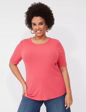 Women Lane Bryant Elbow-Sleeve High Crew-Neck Rib Top T Shirts Pink | COZ5624IR