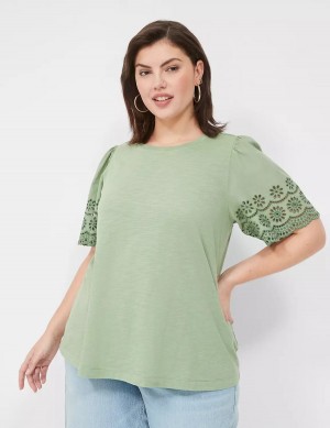 Women Lane Bryant Eyelet-Sleeve Crew-Neck Knit Tee Tank Top Light Green | DCA9838KH