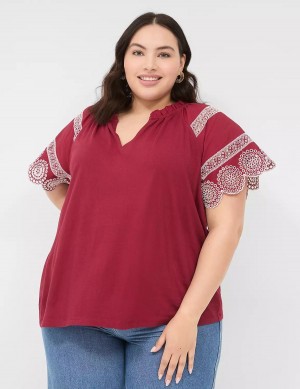 Women Lane Bryant Eyelet Short-Sleeve Knit Top T Shirts Deep Red | BVX9369TP