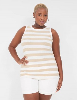 Women Lane Bryant Fitted High-Neck Ribbed Tank Top Brown White | TEN2278YK