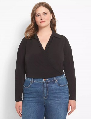 Women Lane Bryant Fitted Long-Sleeve Surplice Collar Crop Shirts Black | BRR8630NE