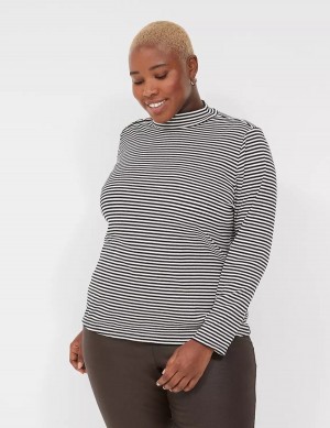 Women Lane Bryant Fitted Long-Sleeve Turtleneck Top T Shirts Black White Stripes | HJO8229SP