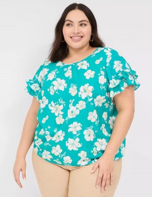 Women Lane Bryant Flutter-Sleeve Crew-Neck Top T Shirts Turquoise | KHQ163CH