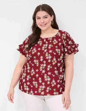 Women Lane Bryant Flutter-Sleeve Crew-Neck Top T Shirts Red Multicolor | KDW5768UZ