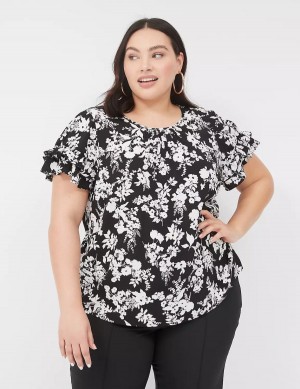 Women Lane Bryant Flutter-Sleeve Crew-Neck Top T Shirts Black | QFB5359HS