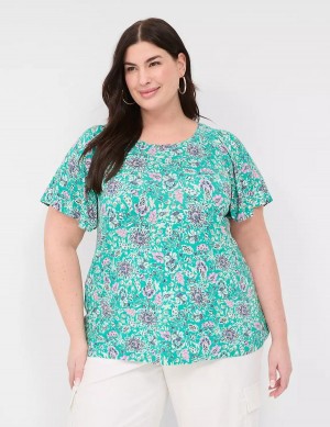 Women Lane Bryant Flutter-Sleeve Smocked Top T Shirts Light Turquoise | HFT1899TM