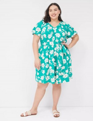 Women Lane Bryant Flutter-Sleeve Tie-Waist Casual Dress Turquoise | WDZ6976NH