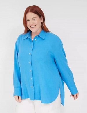 Women Lane Bryant Gauze Button-Down Beach Top Shirts Blue | HQQ3677WQ