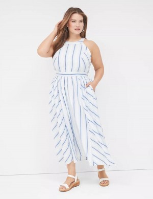 Women Lane Bryant Halter-Neck Maxi Dress White Blue | FQU304MP