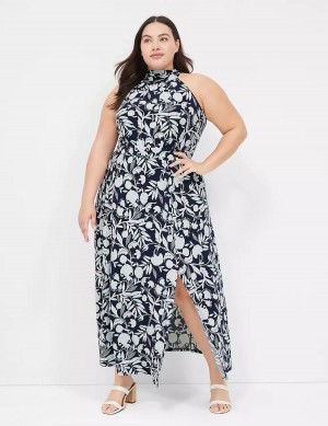 Women Lane Bryant Halter Tie-Neck Casual Dress Navy | ZPN2820NZ