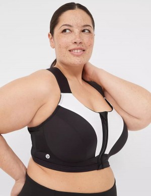 Women Lane Bryant LIVI Max Support Comfort Zip-Front Sports Bra Black | EWL446CX