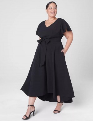 Women Lane Bryant Lena V-Neck High-Low Midi Dress Black | OEV8671JX