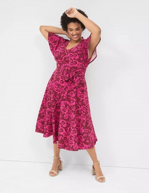 Women Lane Bryant Lena V-Neck Level-Hem Midi Dress Pink | HBF6627XJ