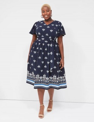 Women Lane Bryant Lena V-Neck Level-Hem Midi Dress Blue | JXF2117KV