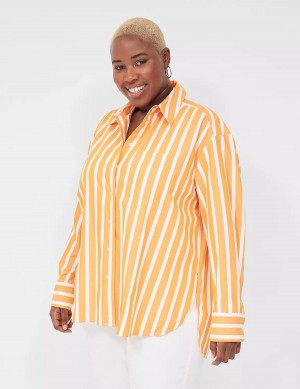 Women Lane Bryant Long-Sleeve Button-Down Boyfriend Shirts Orange Stripes | GJH9920JD