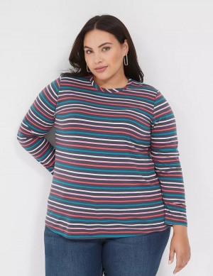 Women Lane Bryant Long-Sleeve Crew-Neck Tee T Shirts Navy Multicolor Stripes | WJF678XU