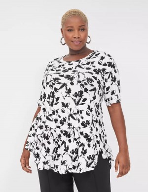 Women Lane Bryant Max Swing Perfect Sleeve Crew-Neck Tee T Shirts Black White | CZQ3050BQ