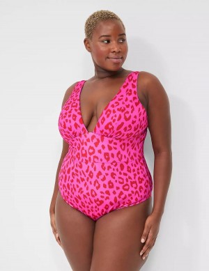 Women Lane Bryant No-Wire Plunge One-Piece Swimsuits Pink | KRC3720LQ