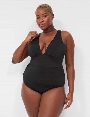 Women Lane Bryant No-Wire Plunge One-Piece Swimsuits Black | GTQ3347RF