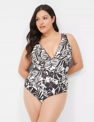 Women Lane Bryant No-Wire Plunge One-Piece Swimsuits White Black | GKH2865VD