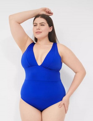 Women Lane Bryant No-Wire Plunge One-Piece Swimsuits Blue | IVI2195HR