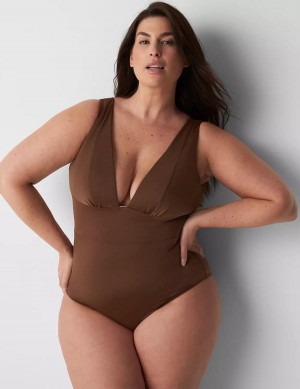 Women Lane Bryant No-Wire Plunge One-Piece Swimsuits Dark Brown | RYE1095DQ