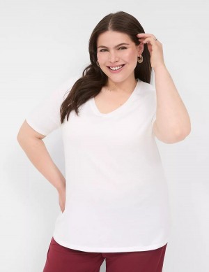 Women Lane Bryant Perfect Sleeve V-Neck Tee T Shirts White | FUR4456QM