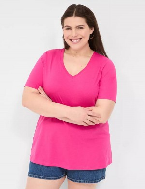 Women Lane Bryant Perfect Sleeve V-Neck Tee T Shirts Pink | HLT4987JG