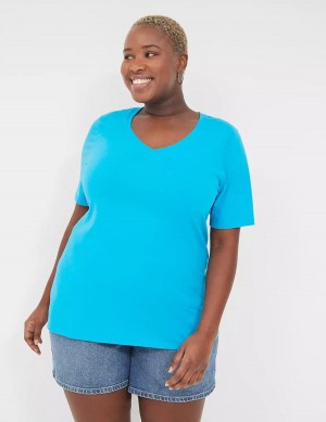 Women Lane Bryant Perfect Sleeve V-Neck Tee T Shirts Blue | KPY716JF