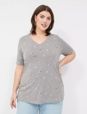 Women Lane Bryant Perfect Sleeve V-Neck Tee T Shirts Grey | MUN8895VA