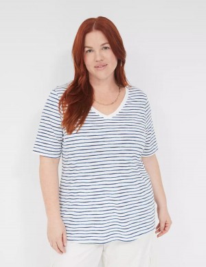 Women Lane Bryant Perfect Sleeve V-Neck Tee T Shirts White Blue | XHS3090GB