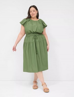 Women Lane Bryant Pleated Crew-Neck Midi Dress Brown Green | IXQ7990RB