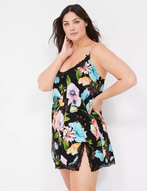 Women Lane Bryant Printed Lace-Trim Slip Dress Black | XUW7271DF