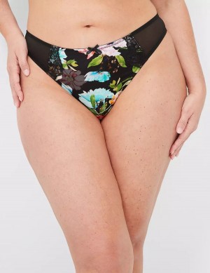 Women Lane Bryant Printed Lace-Trim Thong Panty Black | ABK4481UK